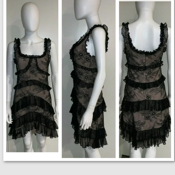 NWT ALEXIS *Helia* black tan lace Swiss dot ruffle dress S - Picture 2 of 6